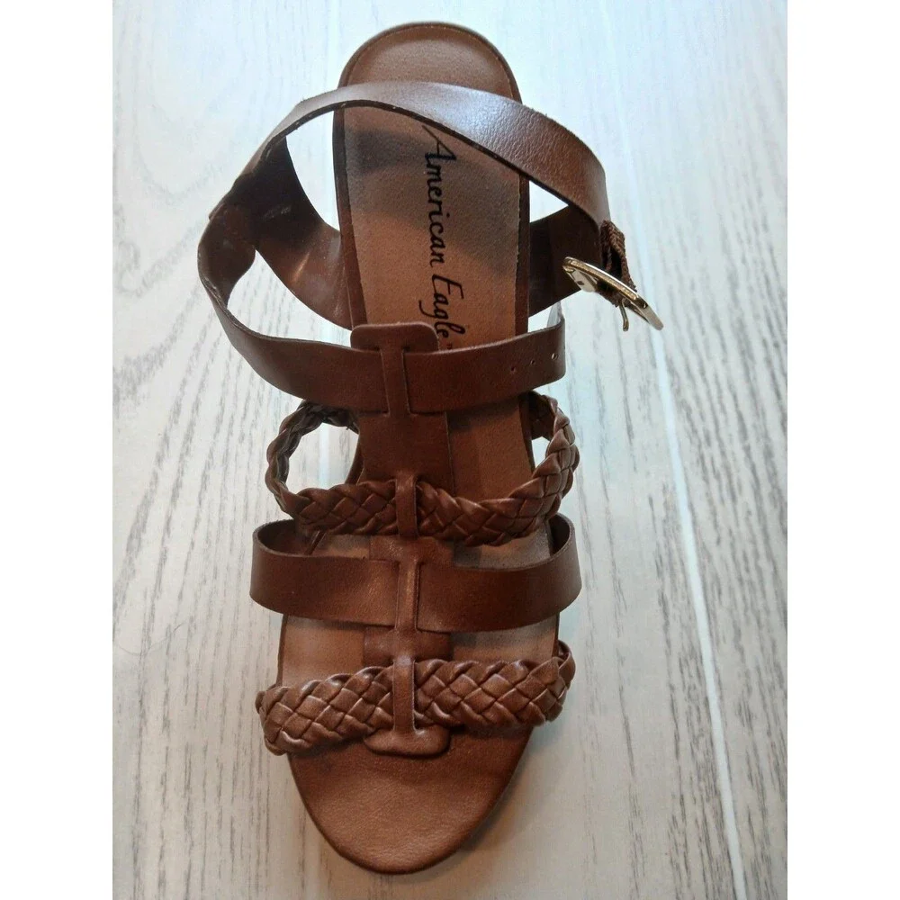 American Eagle Women’s Brown Strappy Open Toe Block Heel Sandals Buckle Size 9